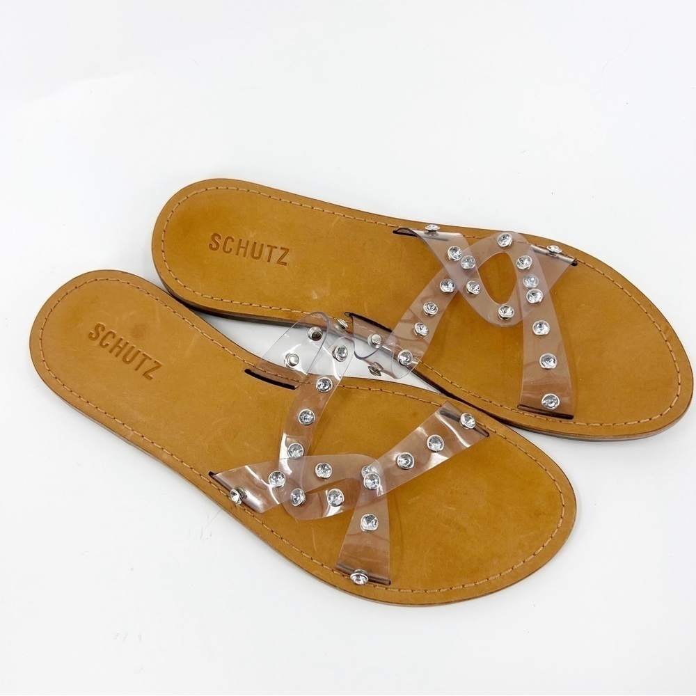 ✅Schutz Cathryn Sandal‎ Slides Crystal Embellished Clear Leather Insoles 9.5
